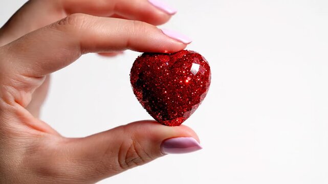 Woman's hand gently holds sparkling red glitter heart
