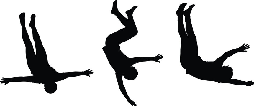 Falling man silhouette vector illustration with person jumping in air and male figure dropping down from sky on white background