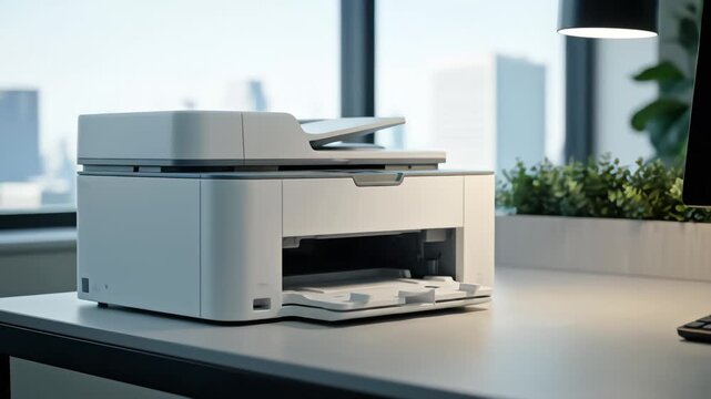 A modern printer on a desk in a bright, professional office.