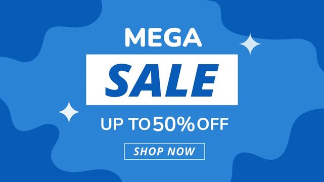 Mega Sale motion graphic. Mega sale animation highlights up to fifty percent off discounts. Great for promoting sales and offers in videos or presentations.