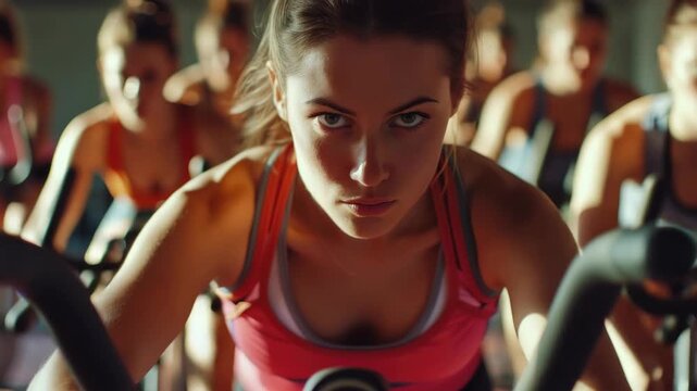 Intense focus. Woman on exercise bike. Sweat glistens. Determined eyes. Crowd blurred behind. Motivational atmosphere. High energy. Fitness pursuit