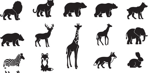 Fototapeta premium Big Set of Diverse Black Wild Animal Silhouettes Vector Icons Collection isolated PNG with Transparent Background
