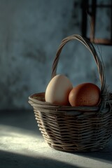 basket holding one egg casting shadow in thin frame on empty background