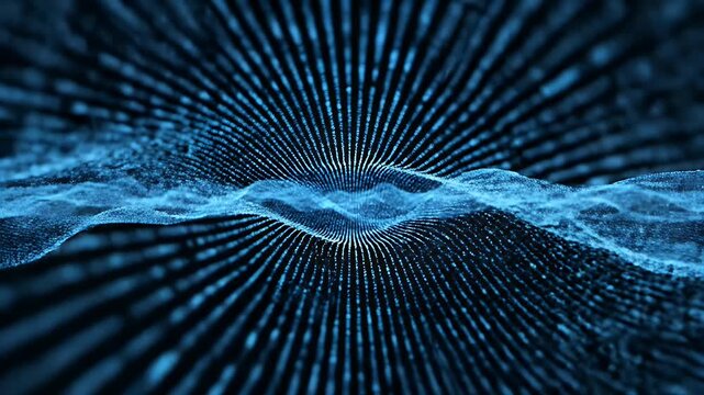 A digitally rendered wave pattern in cool blue tones against a dark backdrop
