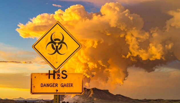 Warning signs announce danger ahead with a large, dramatic cloudscape