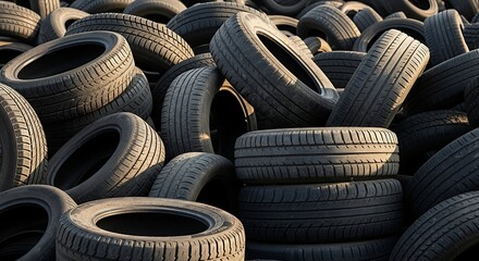 Obraz premium Recycled tires piled high for eco friendly recycling process