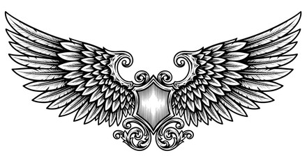 Fototapeta premium Detailed vintage engraving angel wings symmetrical feather wings illustration hand drawn tattoo style woodcut design
