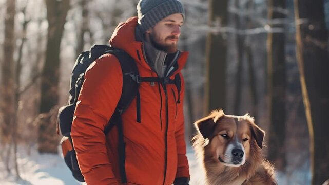 Sunlight filters through winter trees. Man in red jacket walks beside his dog. Dog gazes forward, calm and loyal. Snow blankets ground, quiet and soft. Backpack rests on man's shoulders