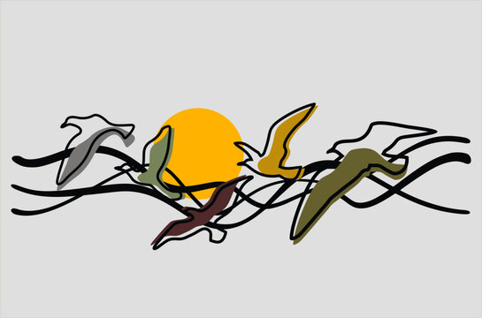 Bird line art with sunset
