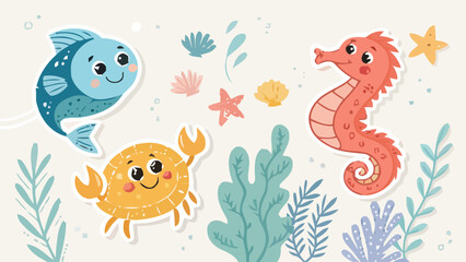 Fototapeta premium Colorful cartoon sea creatures with smiling faces swim in ocean water with seaweed