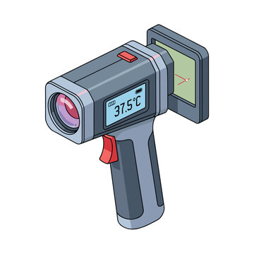 Digital thermal detector with display showing temperature, isolated on white background, featuring modern design and ergonomic grip, detailed illustration