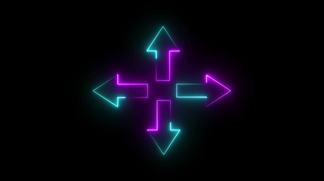 Cyan and pink neon four-way arrow icon representing navigation direction expansion move and digital interface technology on black background. motion graphics. of concept. animation. 4k video