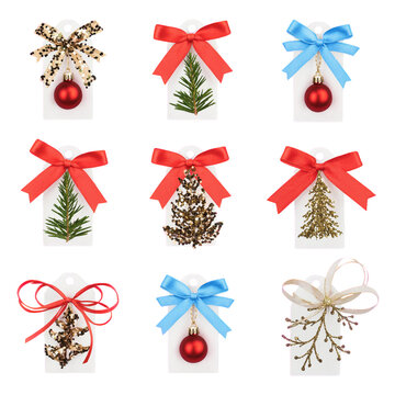 Collection of festive handmade gift tags with ribbons and ornaments