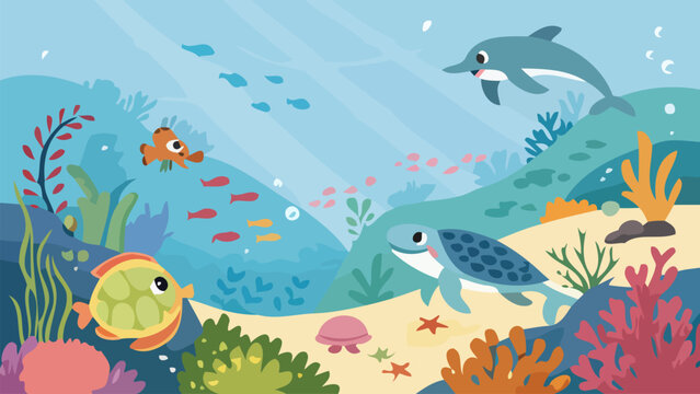 Vibrant ocean ecosystem cartoon vector set with various marine life and coral reef