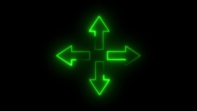 Green neon four-way arrow icon representing navigation direction expansion move and digital interface technology on black background. motion graphics. of concept. animation. 4k video