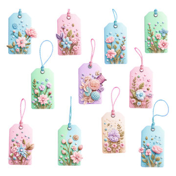 Assortment of pastel colored handmade tags with floral and butterfly decorations pastel colors