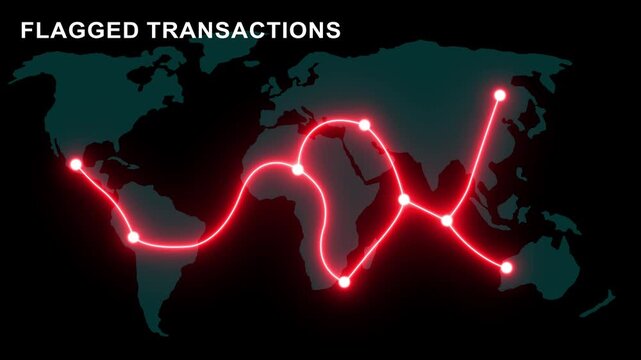 Flagged transactions glowing red path connecting points on dark world map illustrating suspicious financial activity and global financial network monitoring. 4K video animation