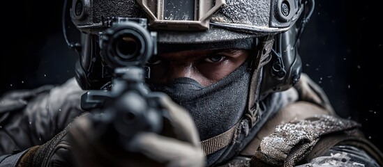 Naklejka premium Special forces soldier armed and pointed at with a machine gun
