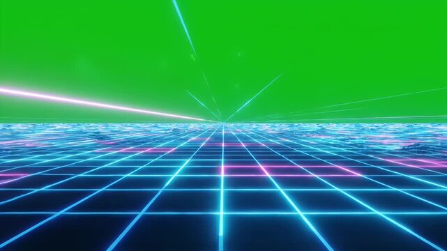 A retro digital landscape with a glowing grid and bright green sky. Streaks of light pierce the screen