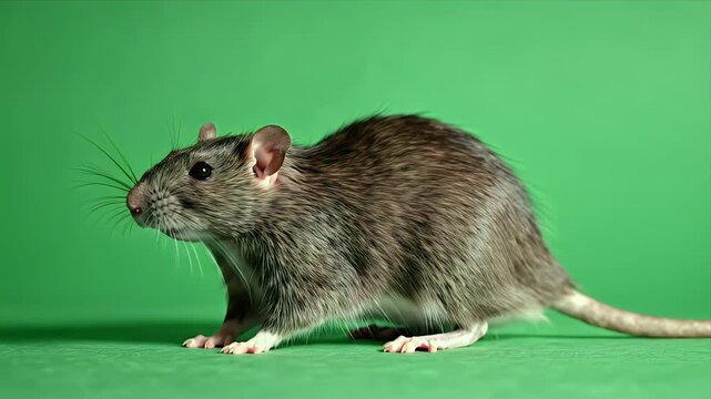 A common brown rat stands on a vibrant green screen background showcasing its fur texture and whiskers in studio lighting ideal for educational or creative projects