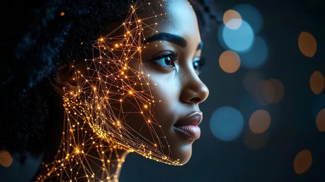 Abstract digital network overlays a woman's face symbolizing artificial intelligence and data.