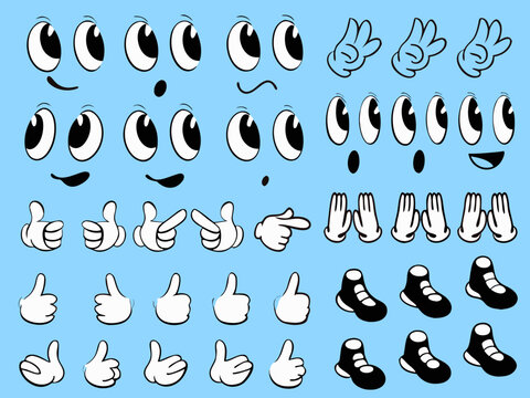 Cartoon eyes hands and shoes arranged in a grid pattern on blue