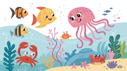 Fototapeta premium Colorful cartoon coral reef animals vector collection with smiling fish jellyfish crabs and sea plants underwater