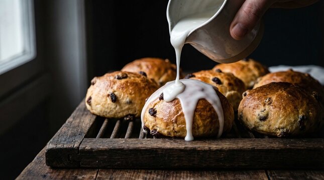 Pouring Sweet White Icing on Freshly Baked Easter Bread Close-Up