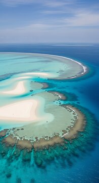 Aerial view of coral atoll islands.