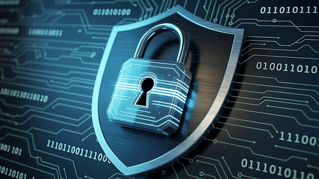 Digital shield with lock on circuit board background