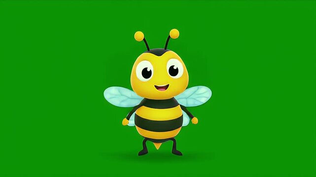 Adorable cartoon bee character dancing with joy on a vibrant green screen background showcasing a playful and energetic animation for educational or entertainment purposes