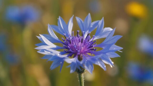Close-up of a blue cornflower backlit by the sun