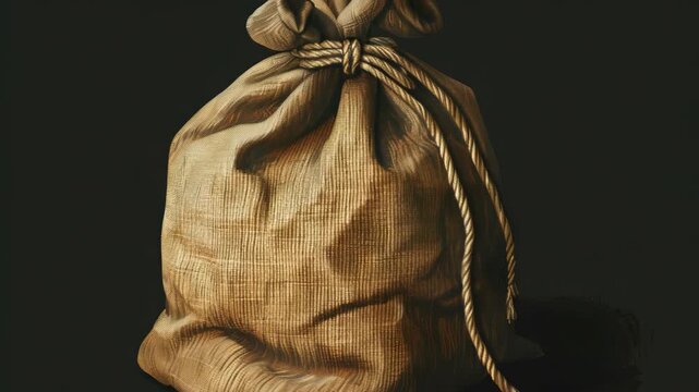 Tied sack rests softly against dark backdrop. Light catches worn fabric's gentle folds. Natural texture speaks of age and use. Subtle shadows deepen its rustic charm