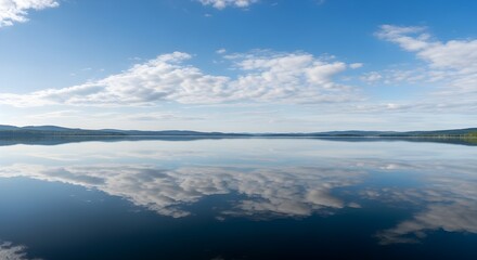 Obraz premium Calm lake set against a blue sky horizon.