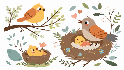 Obraz premium Adorable nesting birds vector illustration with mother bird feeding chicks in nest surrounded by leaves and branches