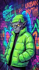 Obraz premium Modern Urban Fantasy Gargoyle Teenager Wearing Streetwear and a Puffer Jacket