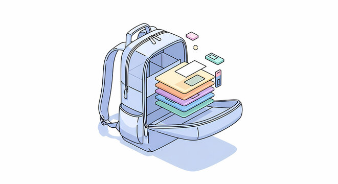 Isometric illustration of an open light blue backpack with neatly folded clothes and personal items floating around, depicting organized travel packing.