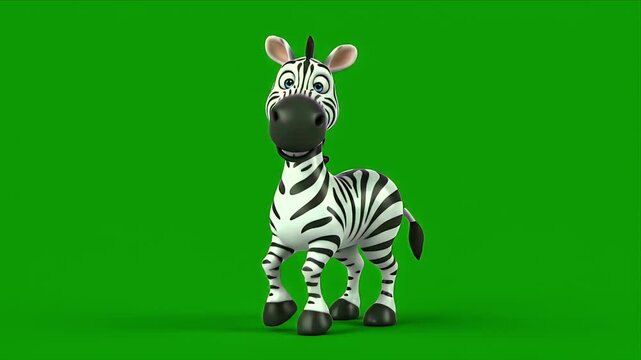 Animated 3D Zebra Character with Black and White Stripes Happily Dancing on a Vibrant Green Screen Background with Studio Lighting
