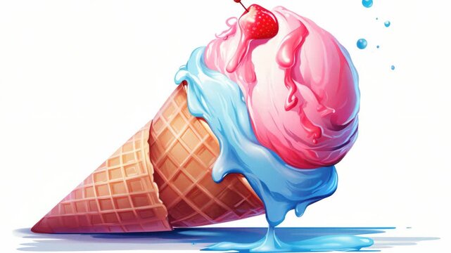 Bright pink ice cream drips blue syrup. Strawberry crown sits atop the swirl. Waffle cone rests on a clean white background. Syrup pools gently at the base. Drops float mid-air, capturing motion