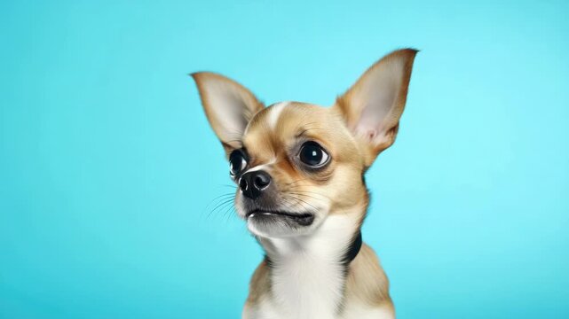 Tiny chihuahua stares up with curious, wide eyes. Ears stand tall against solid, bright blue background. Soft white fur contrasts with warm tan markings
