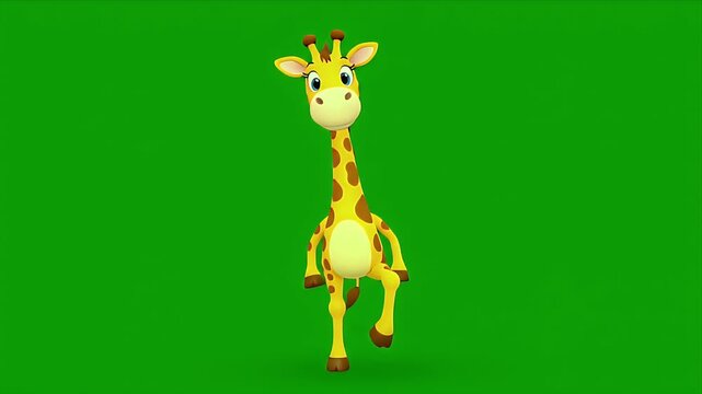 Animated cartoon giraffe character performing a joyful dance routine on a vibrant green screen background isolated for easy compositing and creative use