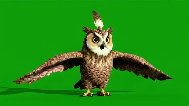 Animated cartoon owl with feather headdress spreads wings and dances on a vibrant green screen background with soft shadow for easy compositing and creative projects
