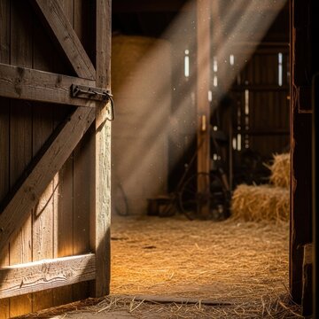 Warm inviting sunlight streams through open barn doors illuminating hay and rustic interior