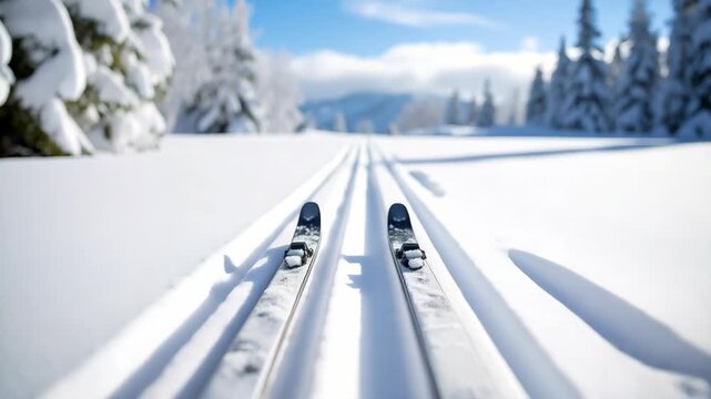 Cross country ski tracks in a fresh snowy landscape with pine trees