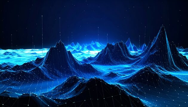 Abstract digital landscape with glowing geometric mountains and data points