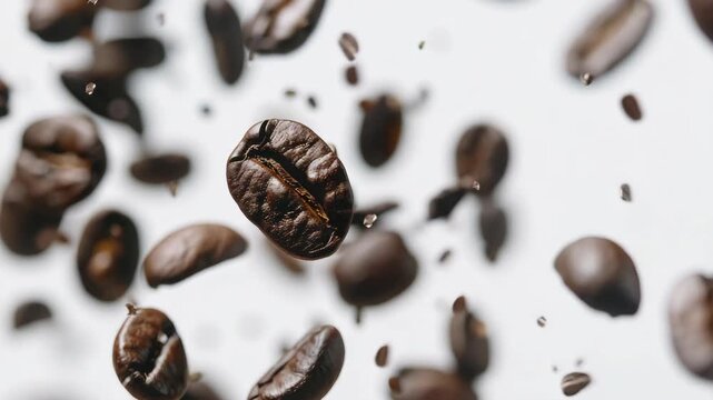 Rich coffee beans tumble mid-air, crisp and fragrant. Dark, glossy shells catch light, swirling gently. Each bean holds warmth and story, suspended in motion. White background contrasts sharply