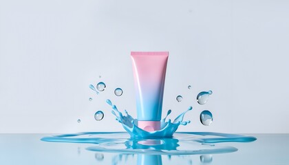 Pink and blue cosmetic tube with water splash effect for skincare product mock up