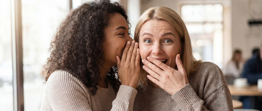 Intimate whisper shares an astonishing secret, sparking wide-eyed wonder and genuine surprise in a friend at a sunlit cafe