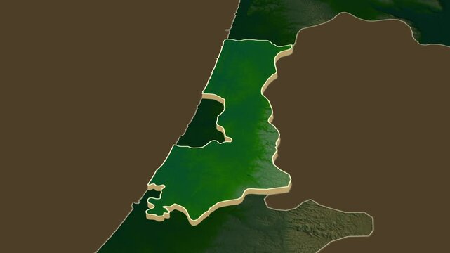 Central District - HaMerkaz physical map, Israel. Terrain extrusion with regional location map