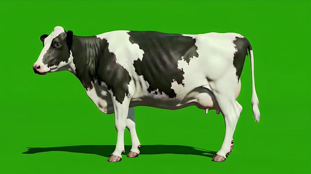 Black and white dairy cow isolated on a vibrant green screen background showcasing realistic farm animal details and texture for easy compositing and creative use
